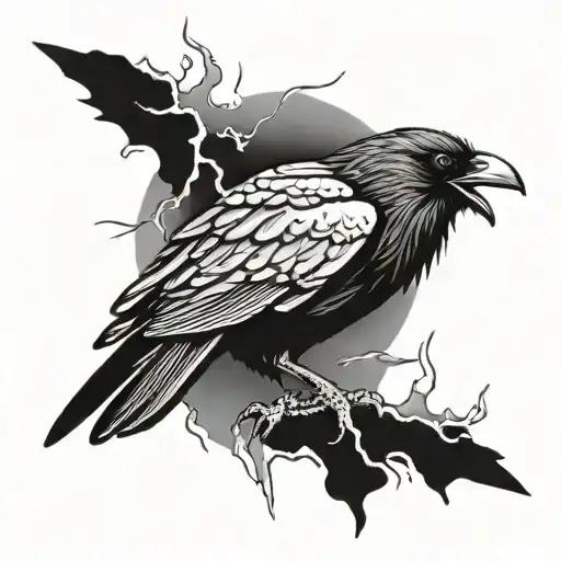 Raven With A Lightning Bolt And Dark Clouds With The Word Trickster