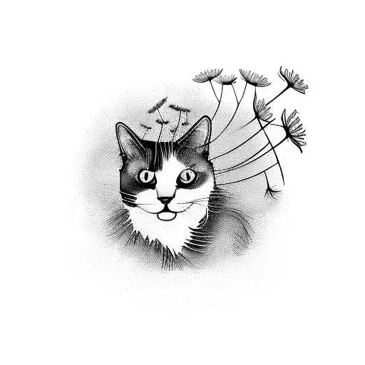 Cat With Dandelion On Field