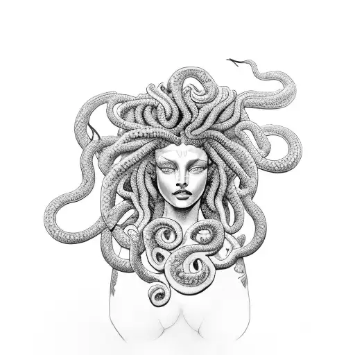 A Tattoo Of A Powerful Medusa Figure With Dreadlocks That Flow Into Snakes