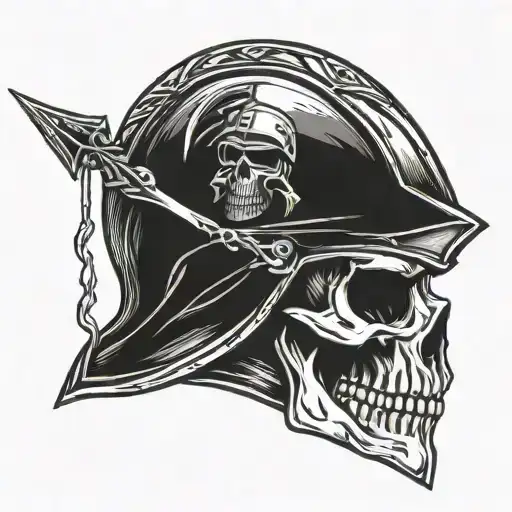 Skull Of A Knight In A Helmet Pierced By An Arrow