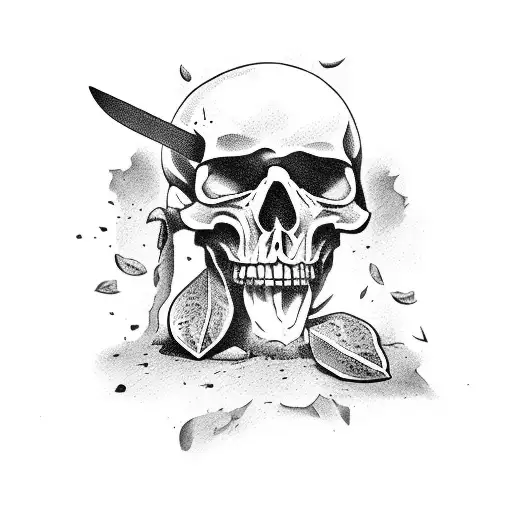 Broken Skull With Knives Between Olive Leaves