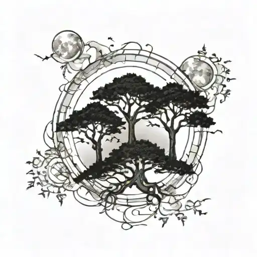 Two Trees Sun And Moon Merging Together