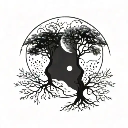 Two Trees Sun And Moon Merging Together