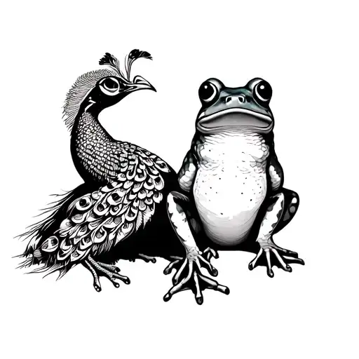 Peacock And Frog Sitting Together
