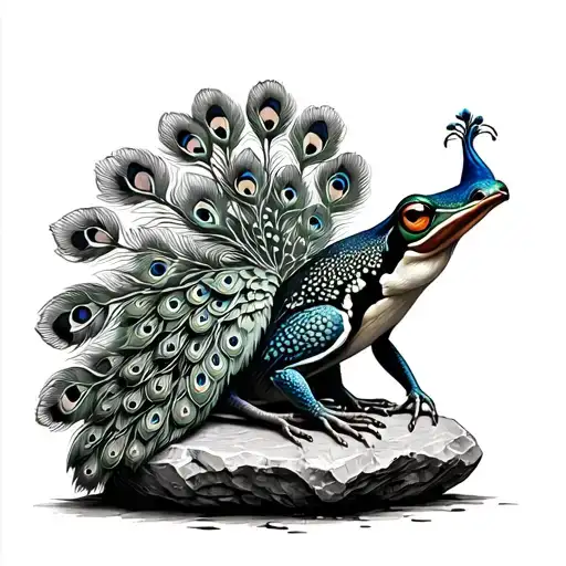 Peacock And Frog Sitting Together On The Same Stone