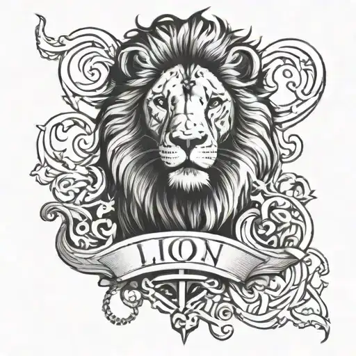 Lion With A Cross And 5 Names Intertwined Half Sleeve