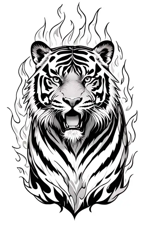 Full Body Tiger Surrounded By Flames