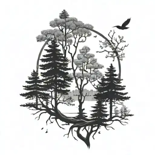 A Blackwork Tattoo Of A Serene Forest Scene With A Hidden Musical Element Intertwined In The Trees