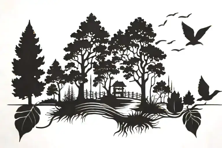 A Blackwork Tattoo Of A Serene Forest Scene With A Hidden Musical Element Intertwined In The Trees