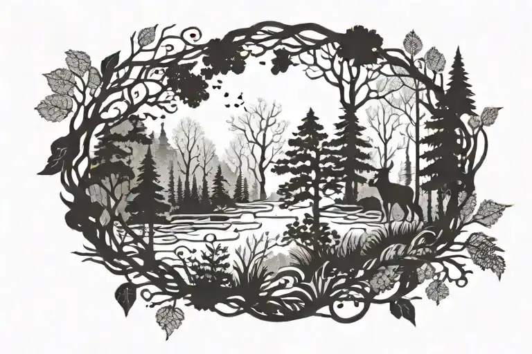 A Blackwork Tattoo Of A Mystical Forest With Hidden Animal Silhouettes Blending Into The Trees