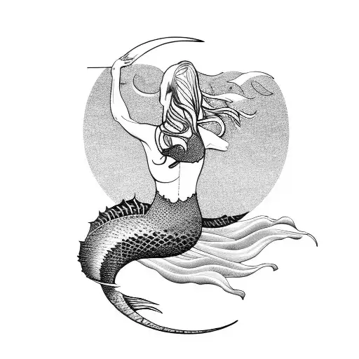 A Graceful Mermaid Swimming Alongside A Crescent Moon