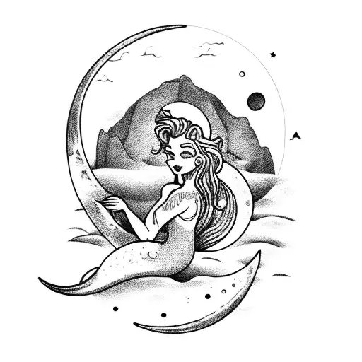A Beatiful Mermaid Sitting In A Rock In The Middle Of The Ocean With A Crescent Moon Behind Her