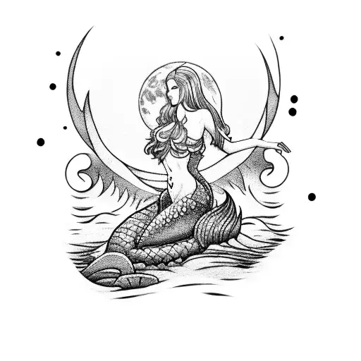 A Beatiful Mermaid Sitting In A Rock In The Middle Of The Ocean With A Full Moon Behind Her