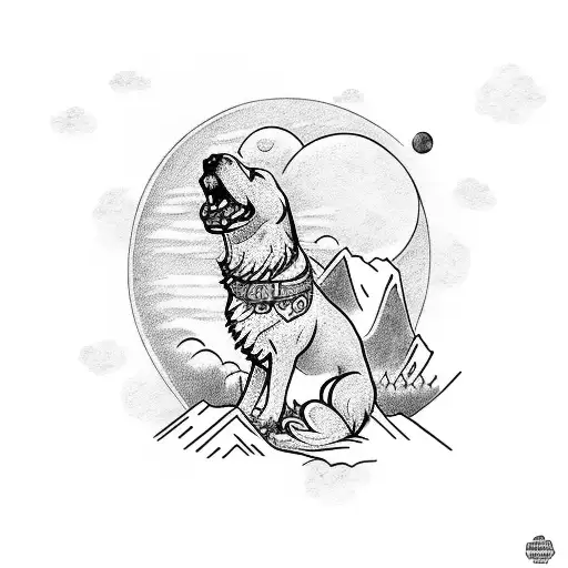 A Dog Howling At The Moon In A Mountain Landscape