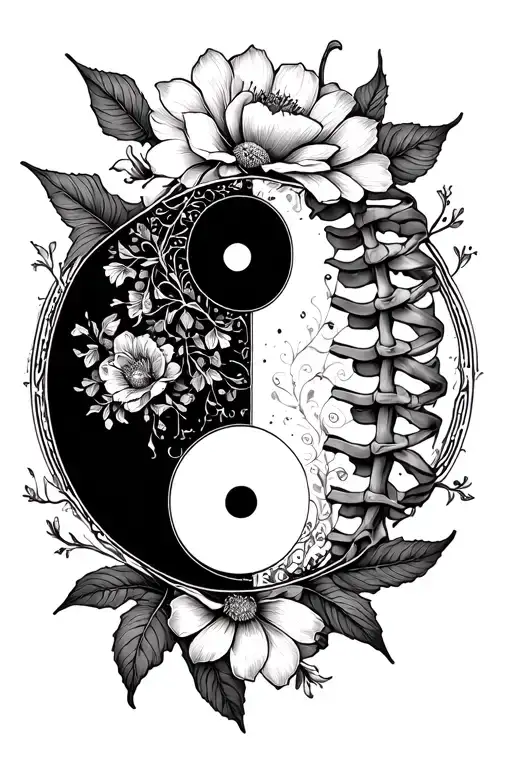 Loyus Flower And Yin And Yang Sign Spinal Tatoo