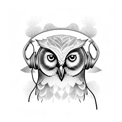 A Black And Grey Portrait Of An Owl Wearing Headphones