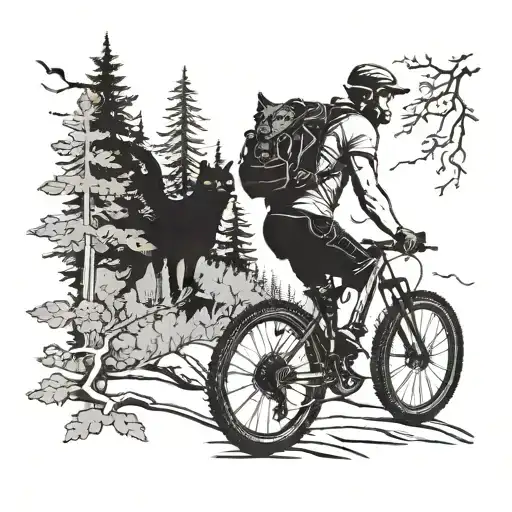 A Mountain Biker Riding Through A Forest Trail With A Cat Riding On Their Shoulder