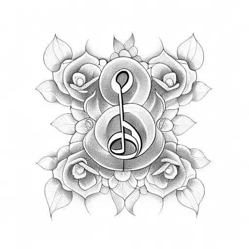 A Blackwork Tattoo Of A Music Note Surrounded By Blooming Flowers