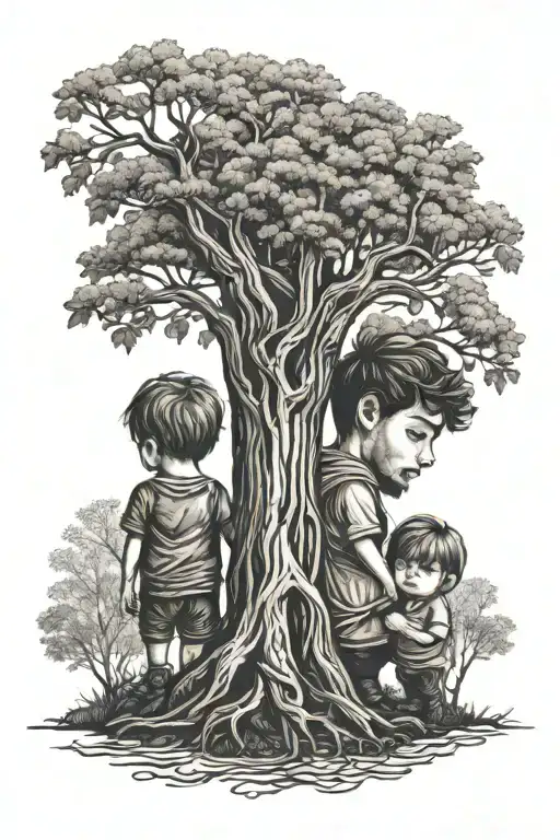 Farther With 2 Children Looking At Life Tree