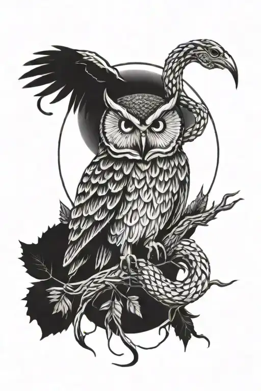 Owl Tattoo Featuring A Snake Intertwined And With The Moon And Forest Surrounding Them