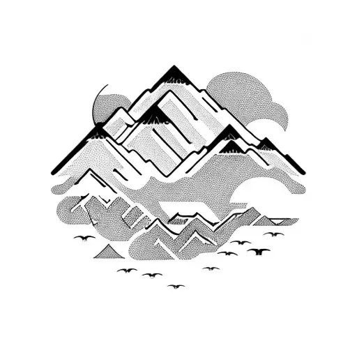 A Majestic Mountain Range Surrounded By A Serene Sea With Birds Flying Above