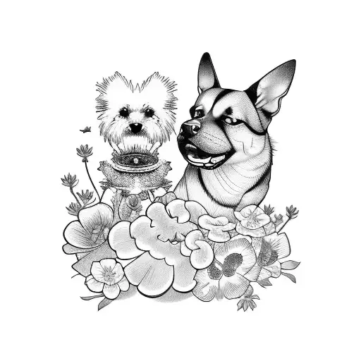 A Japanese-inspired Tattoo Of A Dog And A Beetle Surrounded By Wilted Flowers