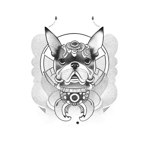 A Japanese-inspired Tattoo With A Dog And An Abstract Beetle Surrounded By Wilted Flowers