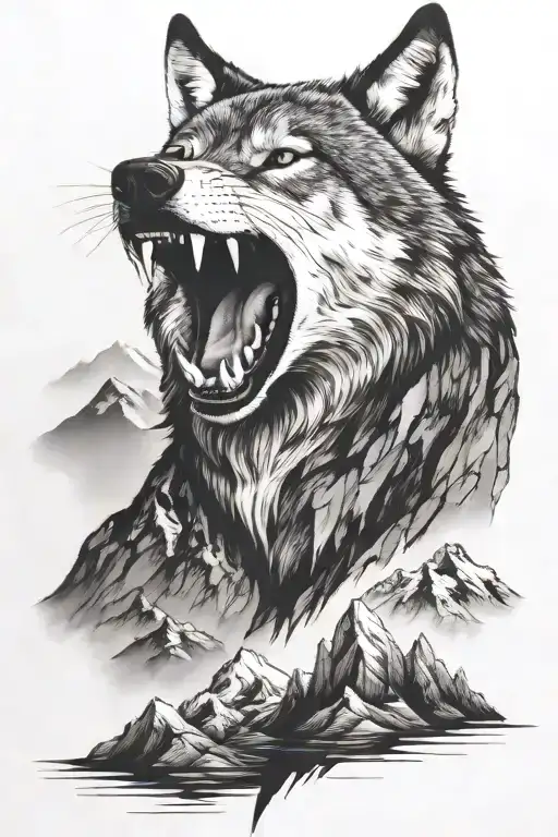 Growling Wolf Face And Rocky Mountains Inside