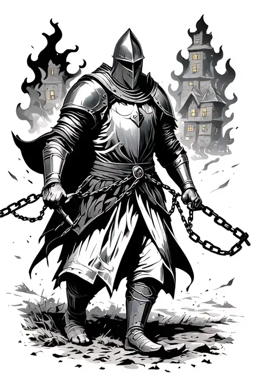 A Knight Walking Out Of A Burning Village With Broken Chains Dangling From His Wrists