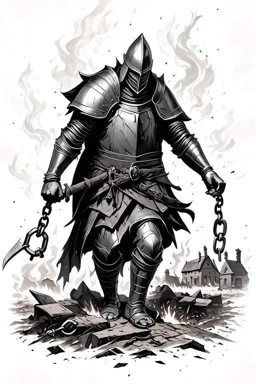 A Knight Emerging From A Burning Village With Broken Shackles Dangling From His Wrists