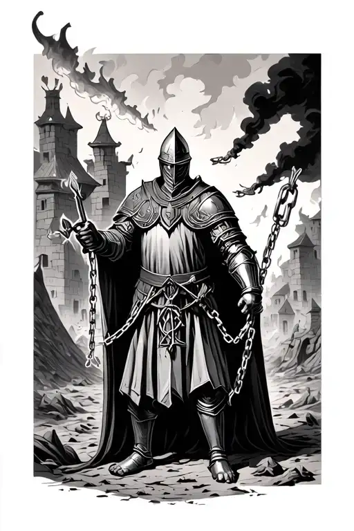 A Knight Surrounded By A Burning Village With Broken Shackles Dangling From His Wrists