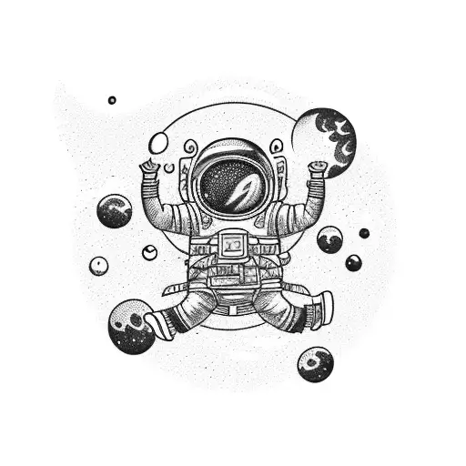 A Blackwork Tattoo Of A Astronaut Floating In A Nebula-filled Galaxy
