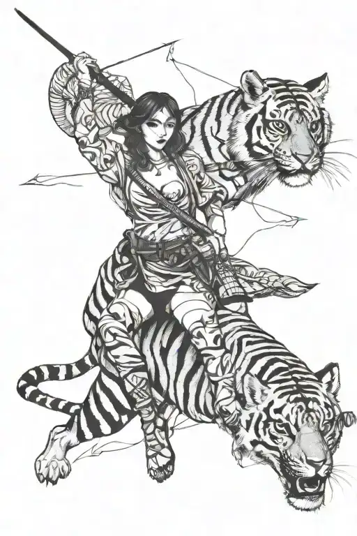 Girl On A Tiger With A Spear