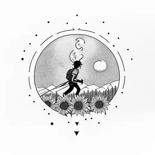 A Minimalist Tattoo Of A Scout Hiking Through A Sunflower Field At Sunset