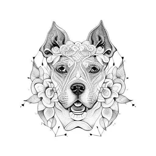A Blackwork Illustration Of A Pitbull's Face Intertwined With Elegant Floral Patterns
