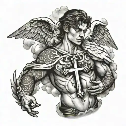 Chest Piece With Three Crosses Some Clouds Surrounding With Jacob Wrestling An Angel
