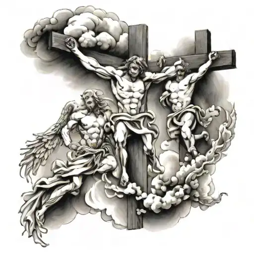 Three Crosses With Clouds Surrounding With Jacob Wrestling With The Angel