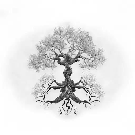 A Blackwork Tattoo Of A Majestic Oak Tree With Roots Spreading Across The Skin