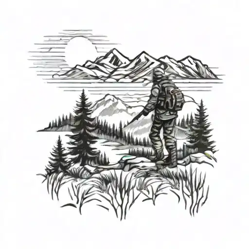 A Hunter In Camouflage Stalking Through The Woods With A Mountain Range In The Background