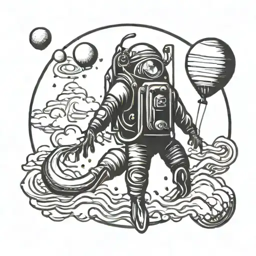 Deep Sea Dive Suit Holding Balloons On The Moon
