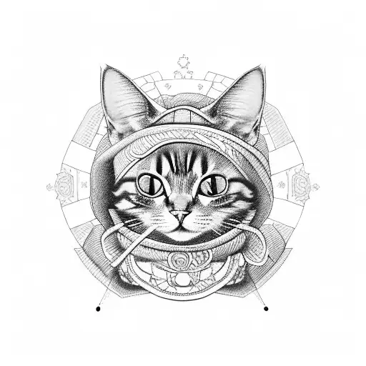 Design A Blackwork Tattoo Featuring A Cat Wearing A Stylish Hr Hat