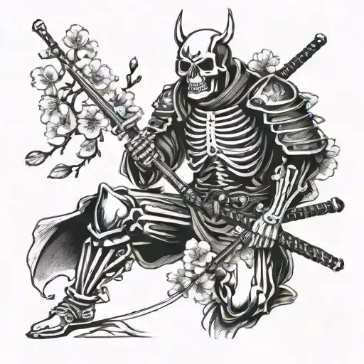 Skeleton Samurai Under Cherry Blossom