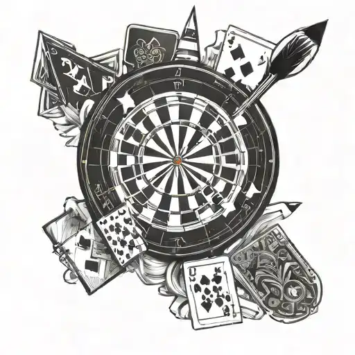 A Dart Board With Playing Cards Scattered Around It