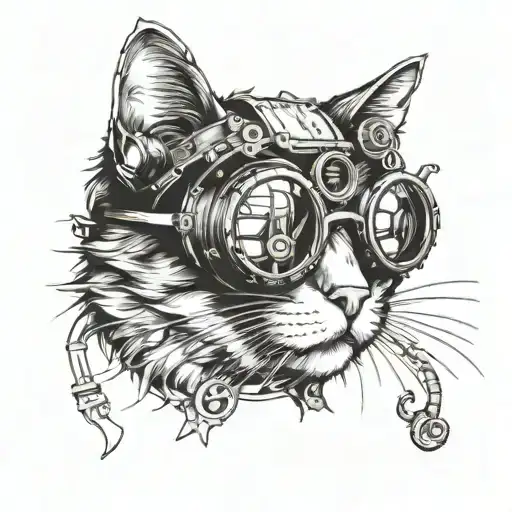 Steampunk Cat With Goggles Tattoo Black Work Line Work Simple Lines With Small Amount Of Shading
