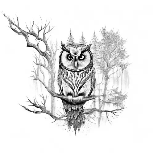 Mystical Forest With A Wise Owl Perched On A Tree Branch