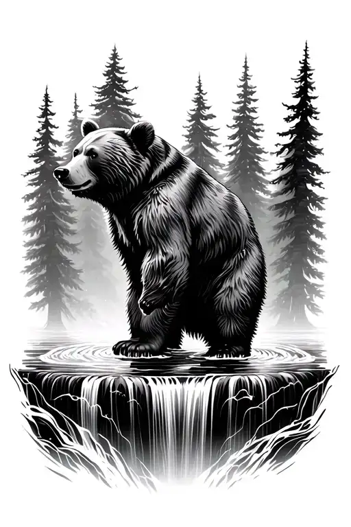 Bear Standing On Top Of Water Fall Trees In The Background At A Upward Angle Looking At The Bear