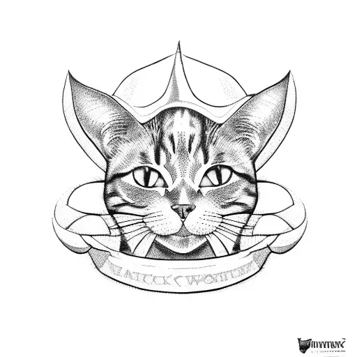 A Blackwork Tattoo Of A Cat Sitting On A Sorting Hat