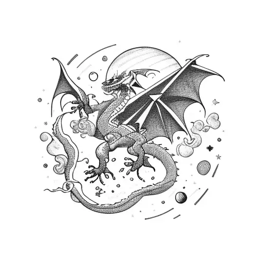 A Dragon Soaring Through A Galaxy Of Planets