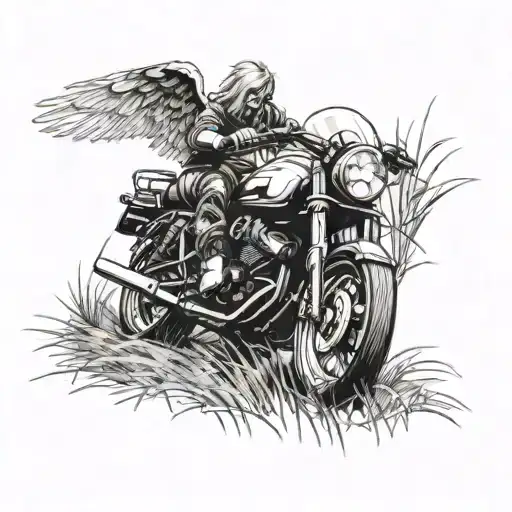 An Endless Field Of Grass With A Fallen Motorcycle And An Angel Watching Over
