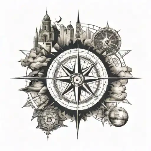 A Compass Rose With Landmarks From Around The World Integrated Into The Design